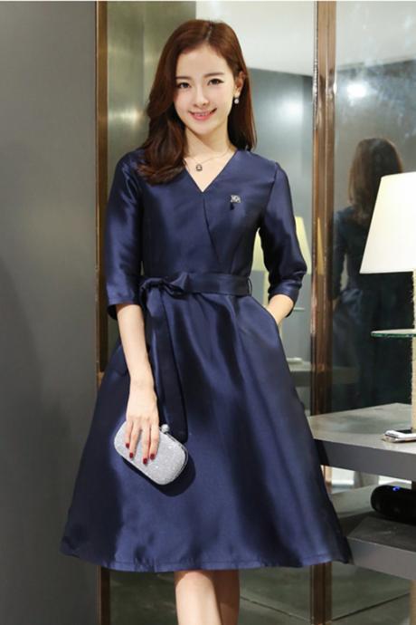 European Style Women Ladies V-neck Slim A Long Sleeve Blue Color Poplin Dress