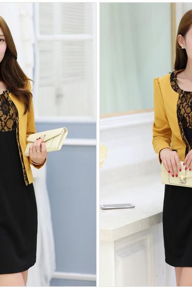 Elegant Women Korean Style Round Collar Slim Autumn Spring Two Pieces Dress