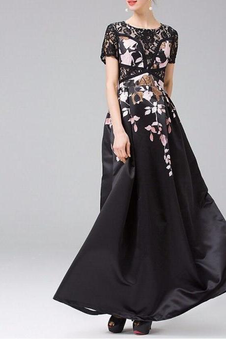 Black Lace Stitching Printed Runway Long Full Length Maxi Women Party Dress