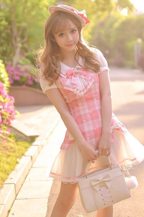 New Summer Sweet Plaid Ladies Pink Color Princess Square Patterned Dress Dresses