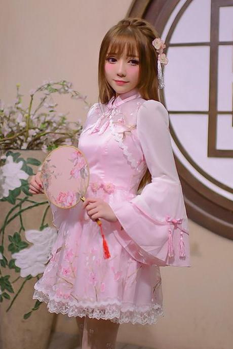 New Korean Women Chinese Style Lolita lace Long Sleeved dress Cheongsam Dresses