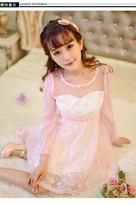 Lovely Japanese Princess Style Sweet Lolita Pink Tulle Elegant Long Sleeve Dress
