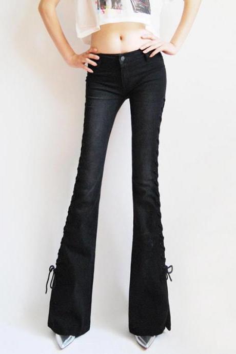 Special Side Tie Retro Lace Up Slim Mid Waist Bell Bottom Thin Trousers Pants