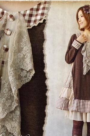 Mori Girl Retro Vintage Fall Knitting Loose Dress Long Sleeve Sweater Dresses