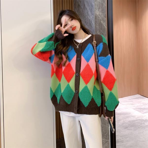 Versatile Fashion Rainbow Knit Cardigan Women Rhombus Logo Sweater Jacket