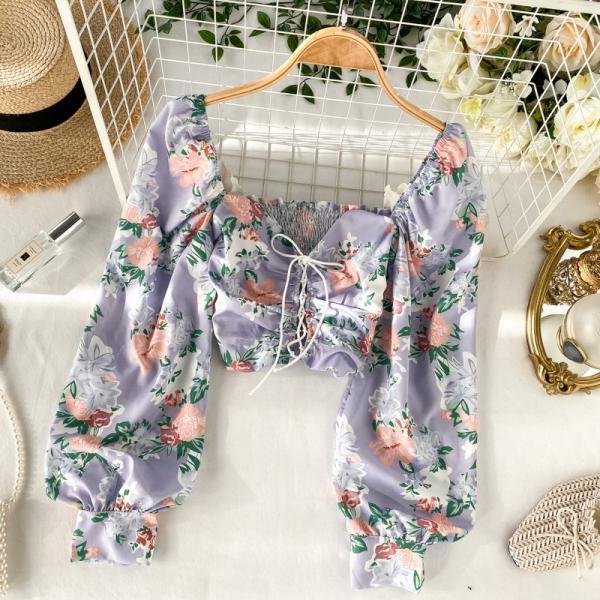 Summer Women Purple Square Neck Elastic Floral Printed Puff Long Sleeves Front Drawstring Crop Top Blouse