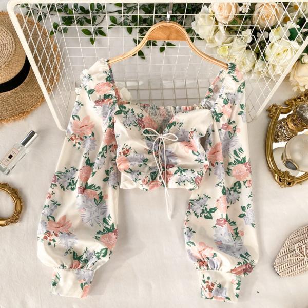 Great Look Women White Square Neck Elastic Floral Printed Puff Long Sleeves Front Drawstring Crop Top Blouse