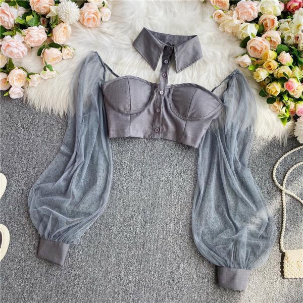 Trendy Romance Women Grey Halter Neck Polo Collar Off Shoulder Puff Long Sleeves Club Party Top
