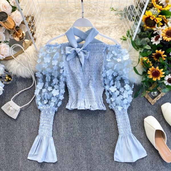 Retro Summer Women Floral Puff Mesh Long Sleeves Ruffled Front Bow Neck Off Shoulder Crop Tops Blouse