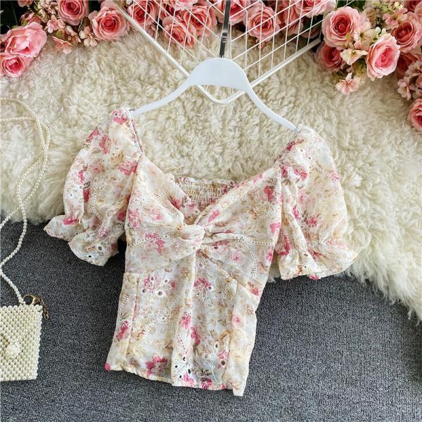 Retro Floral Chiffon V-neck Fit Front Twist Knot Puff Short Sleeves Ruffle Hem Crop Tank Top Blouses