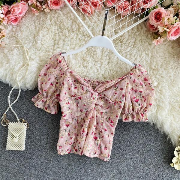 Casual Sexy Floral Chiffon V-neck Fit Front Twist Knot Puff Short Sleeves Ruffle Hem Cropped Stylish Tank Top Blouses