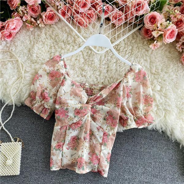 Retro Sexy Vintage Floral Chiffon V-neck Front Twist Knot Puff Short Sleeves Ruffle Hem Crop Tank Top Blouses
