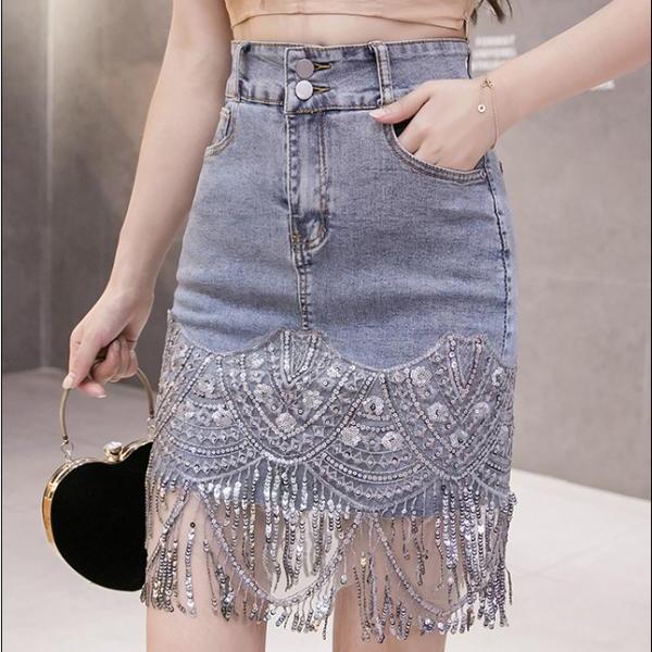 Summer Beautiful Women Embroidered Beaded Tassel Hem High Waist Jeans Denim Short Pencil Dress