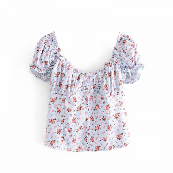 Summer Trendy Lovely Women Fashion Elastic Short Puff Sleeve Floral Printed Scoop Neck Cropped Blouse Top