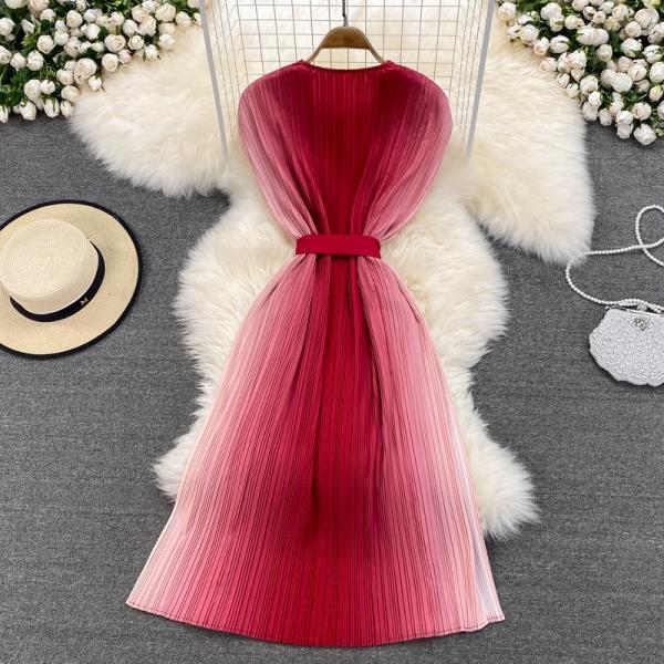 Summer Pretty Women Pleated Red Gradient Color Change Sleeveless Round Neck Waist Belt Band Size Loose Dress