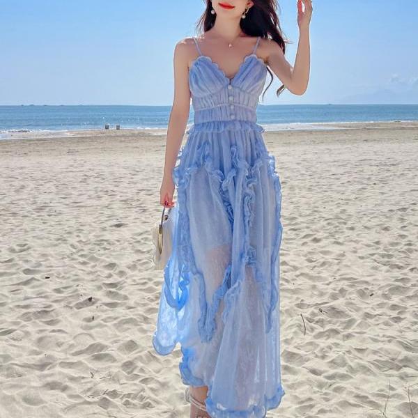 Amazing Fairy Temperament Summer Beach Women Retro Design V Neck Pleated Spaghetti Strap Long Dress