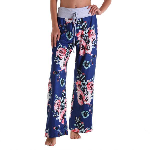 Leisure Sports Gym Fitness Women Elastic Drawstring Sweatpants Trousers Loose Fit Strap Royal Blue Floral Printed Pants