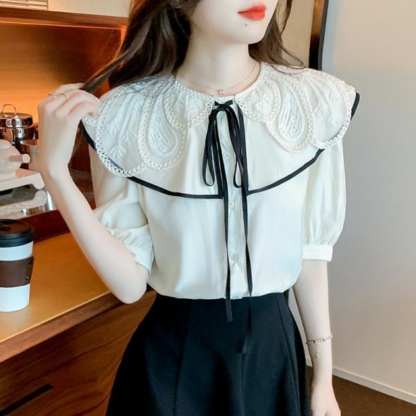 Summer Pretty Women Lace Collar Bow Tie Sweet Blouse White Petal Short Sleeved Top Shirt
