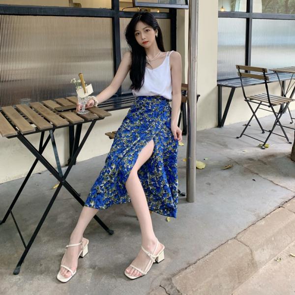 Summer Holiday Sunscreen Beach Chiffon Blue Vintage Printed Lace Up One Piece Wrap Side Slit Skirt