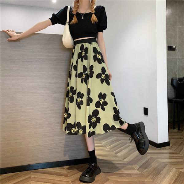 Summer Elegant Women Ladies Lovely Green Color High Waist Loose Floral Pattern Printed Pleated A Line Skirt