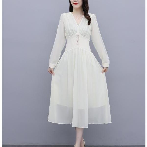Chic Beautiful Women White V Neck Puffy Long Sleeved Pleated High Waist Beaded A Line Meeting Dress