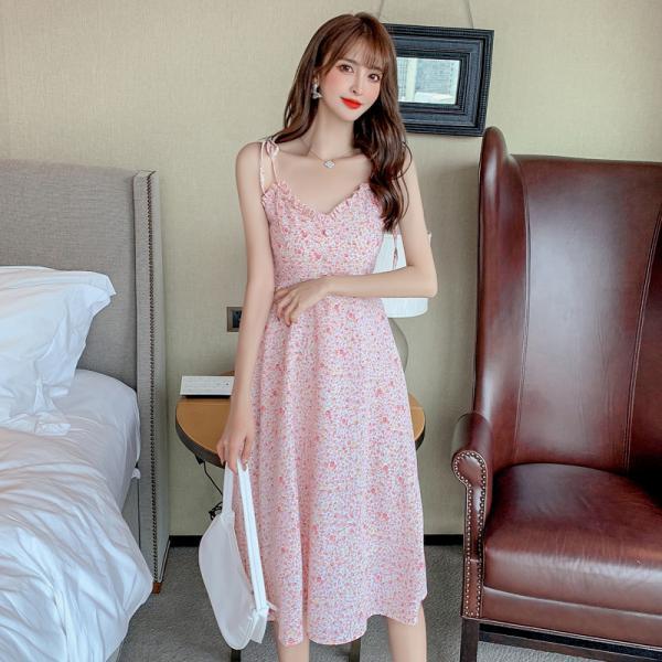 Sweet Women Cosy Floral Pattern Floral Printed Spaghetti Bow Strap Sleeveless Ruffle V Neck A Line Dress
