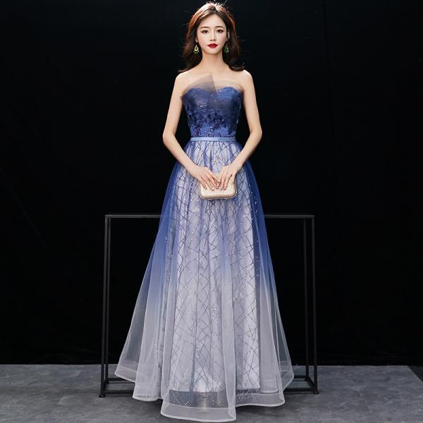 Gorgeous Temperament Women Gradient Royal Blue Color Evening Banquet Tube Top Half Sleeves Ruffle Backless Prom Dress