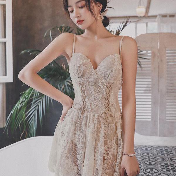 Sexy Lace Fairy Skirted Swimsuit Bathing Suit Front Bow Spaghetti