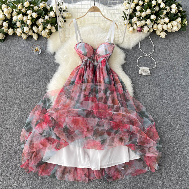 Flower Pattern Shoulder Strap Squsre Dress main image 1