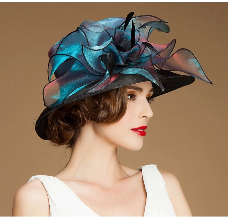 Beautiful Women Church Hat Flower Fabric Organza Brim Winter Dress Sun