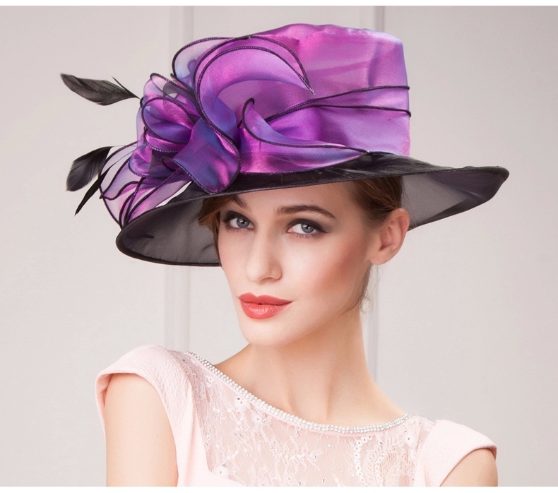 Beautiful Women Church Hat Flower Fabric Organza Brim Winter Dress Sun
