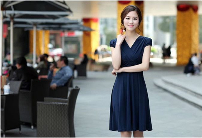 Summer Women V Neck Dress Ladies Korean Cover Belly Slim Silk Chiffon ...